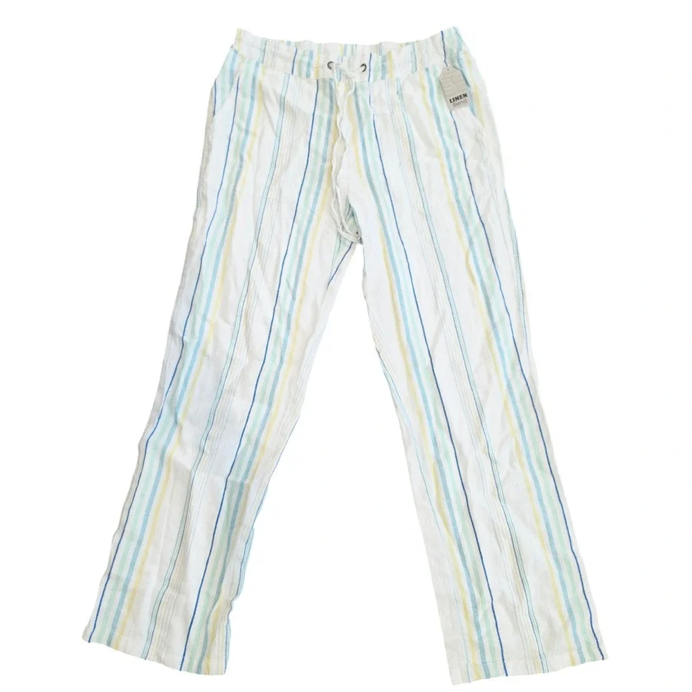For Cynthia NWT Linen Blend Striped Wide Leg Pants White Blue Petite Large